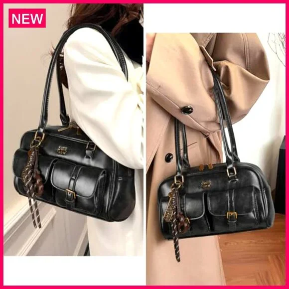 PU Leather Shoulder Bag Top Handle Multiple Pockets Retro Y2K Tote - Picture 3 of 8